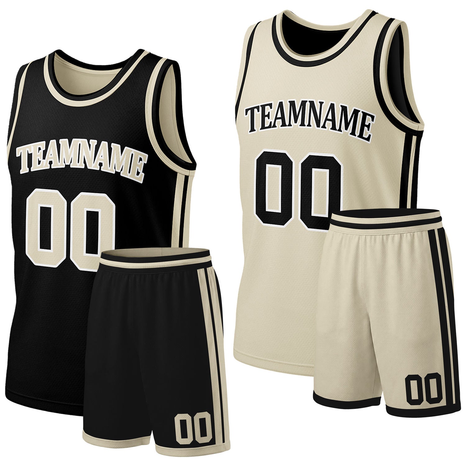 Custom black & cream reversible basketball jersey shorts set by Vosoli | Personalized team name & number full team uniform sportswear