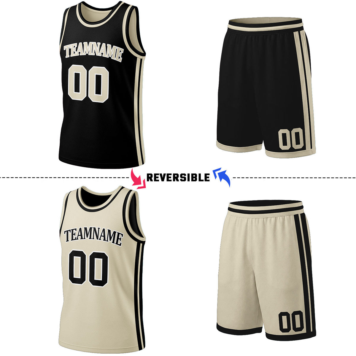 Custom Black & Cream Reversible Basketball Jersey Shorts Set | Personalized Full Team Uniform