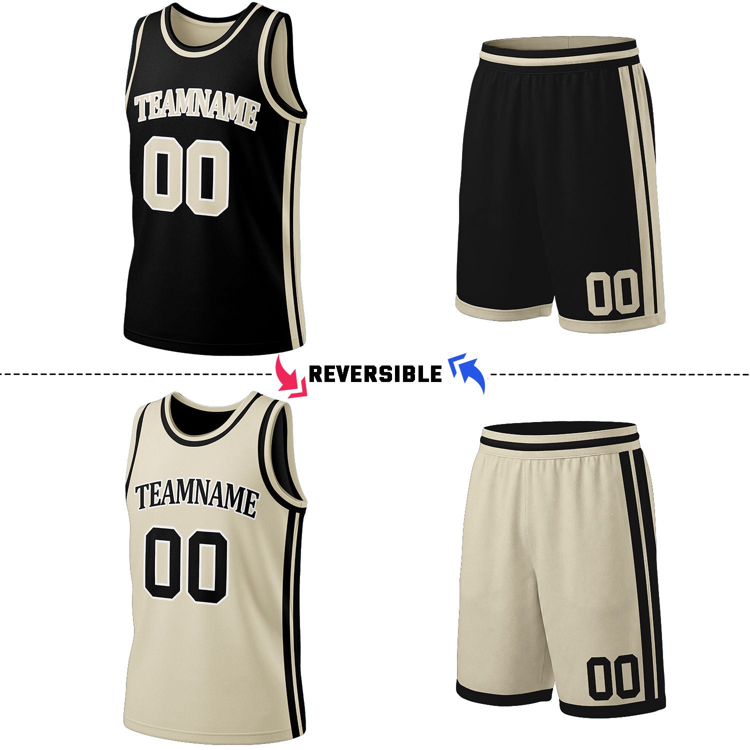 Custom Black & Cream Reversible Basketball Jersey Shorts Set | Personalized Full Team Uniform