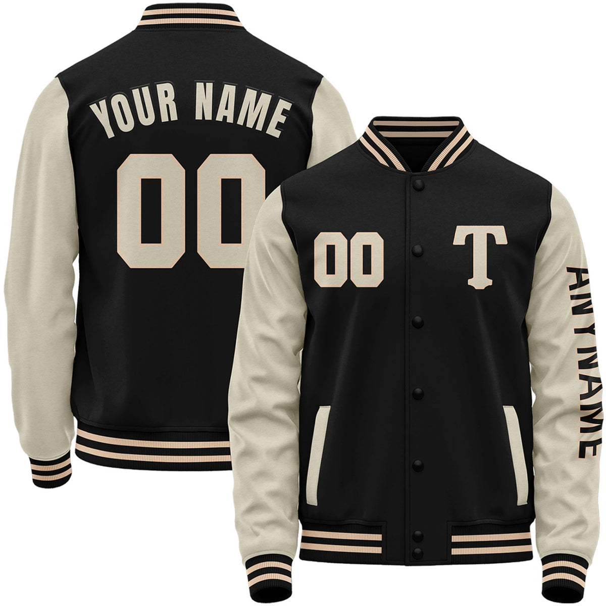 Custom black and cream youth baseball jacket by Vosoli with stitched name, number and logo. Classic varsity jacket for baseball and casual wear.