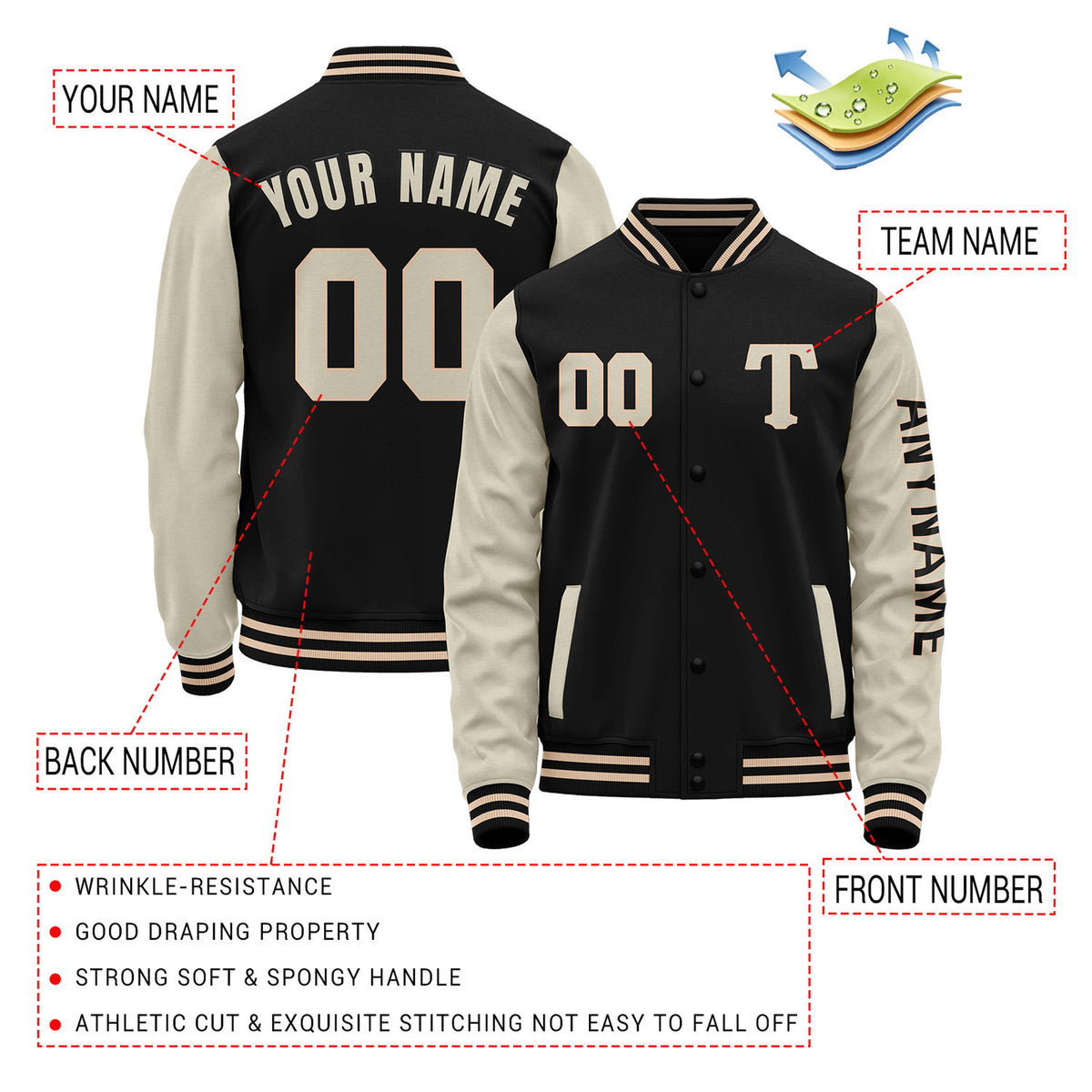 Custom Black & Cream Varsity Letterman Jacket | Personalized Baseball Bomber Coat for Adult & Youth