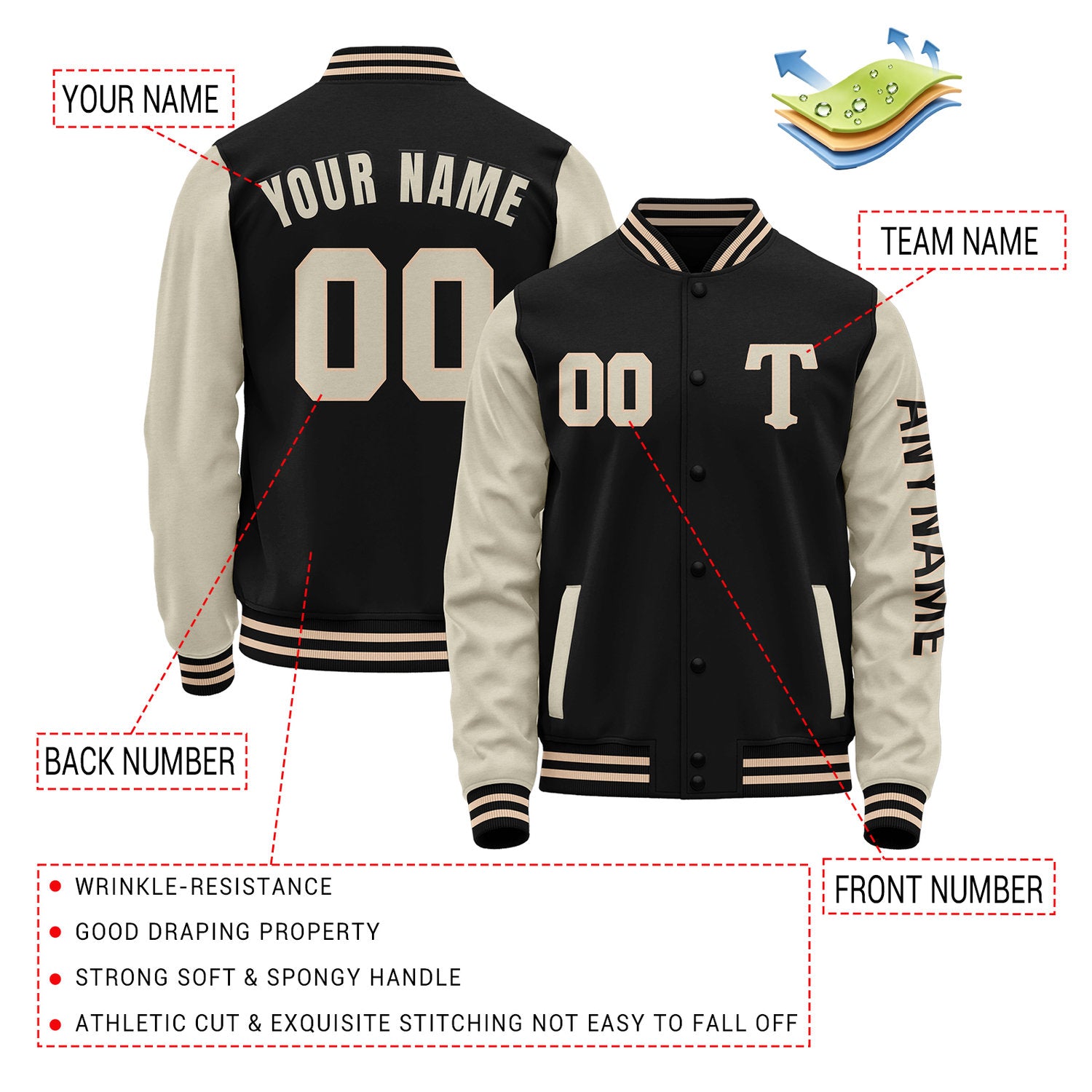 Custom Black & Cream Varsity Letterman Jacket | Personalized Baseball Bomber Coat for Adult & Youth