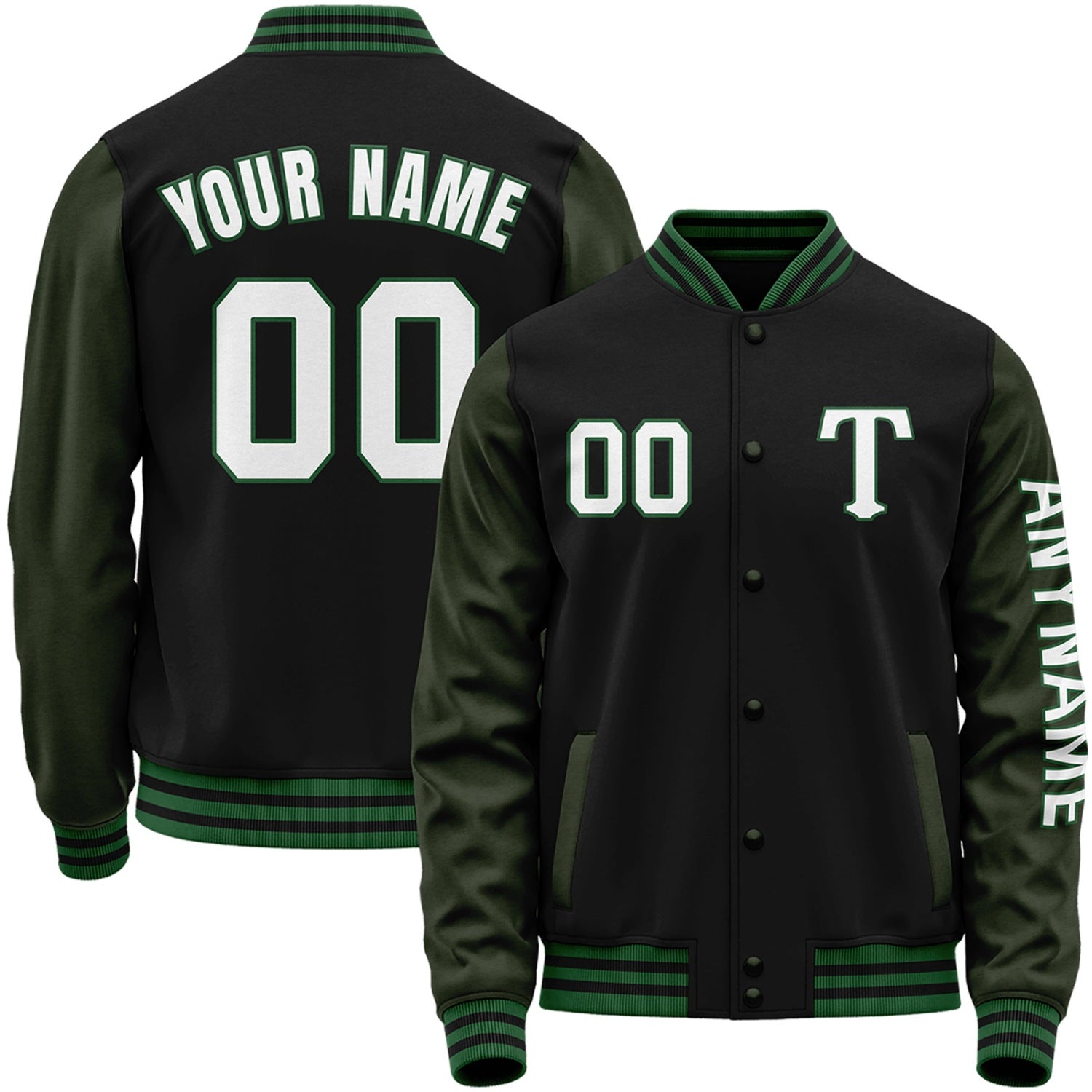 Custom black and dark green personalized baseball letterman jacket by Vosoli with stitched name, number and logo. Classic varsity jacket for baseball and casual wear.
