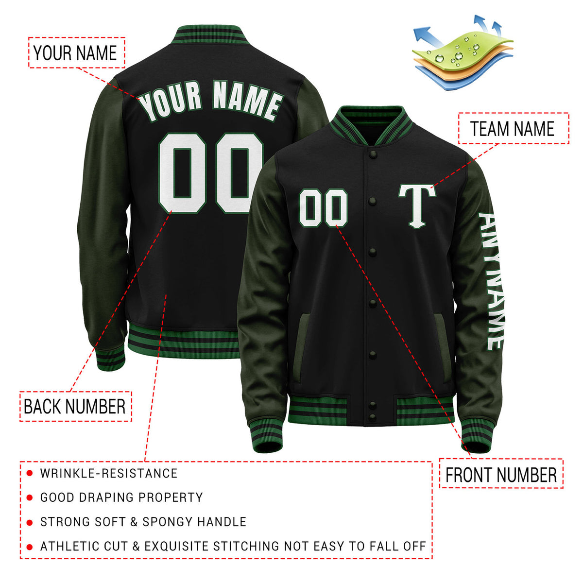 Custom Black & Dark Green Varsity Letterman Jacket | Personalized Baseball Bomber Coat for Adult & Youth