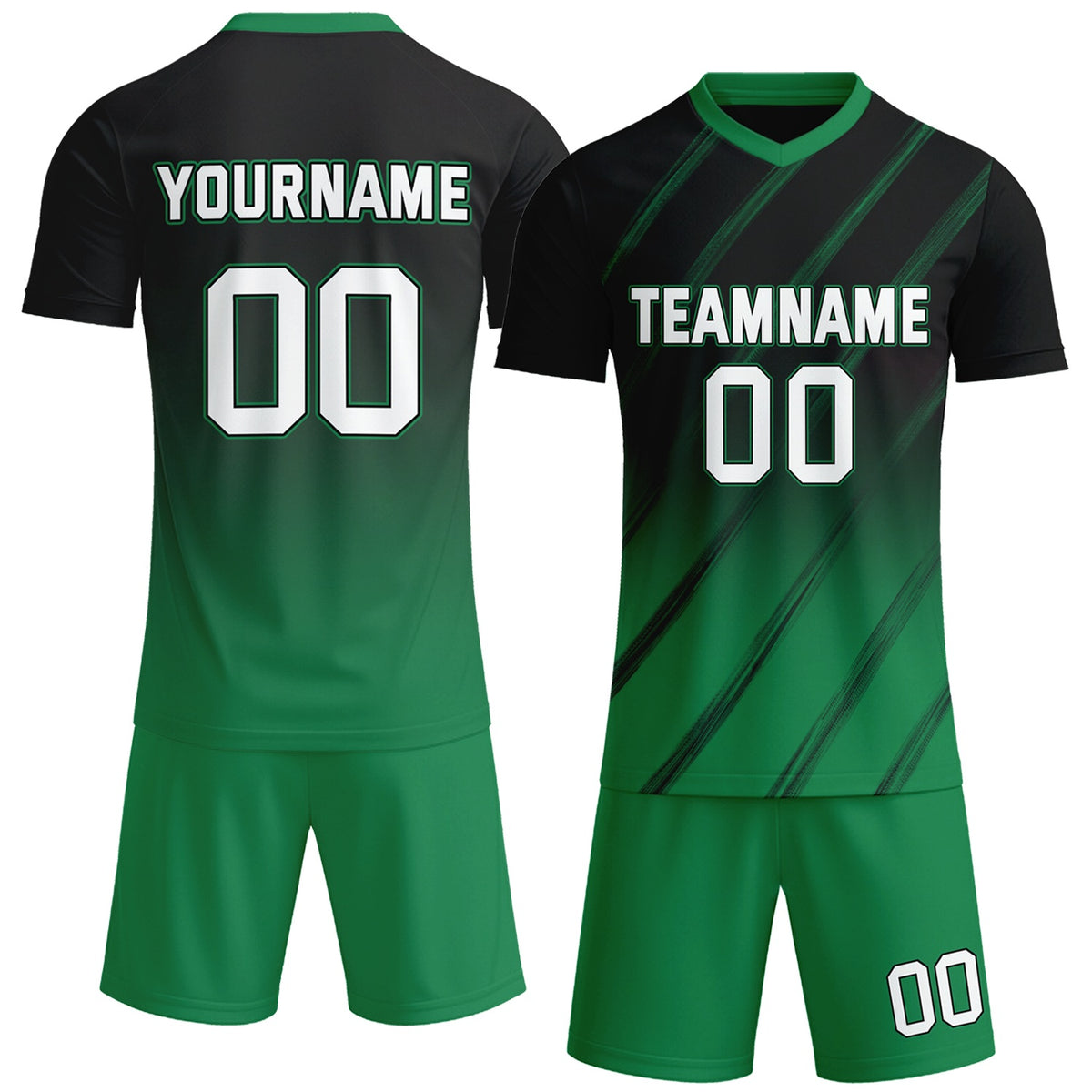 Custom black &amp; emerald green gradient soccer jersey set, personalized name number team logo, short-sleeve jersey with matching shorts sports uniform for men women youth adult game practice - Vosoli