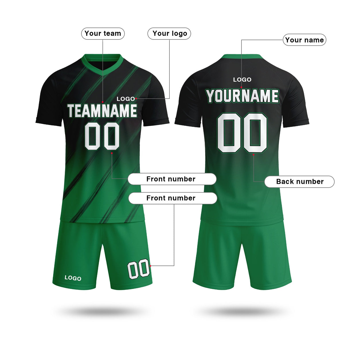 Custom Black & Emerald Green Gradient Soccer Jersey Set | Personalized Team Uniform | Vosoli