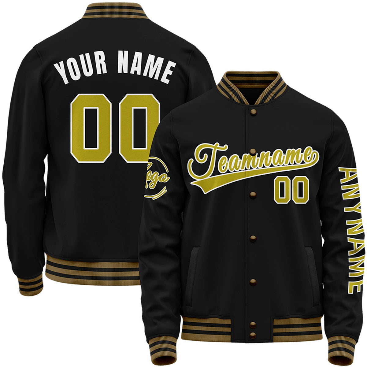 Custom black and gold baseball jackets for high school teams by Vosoli with stitched name, number and logo. Classic varsity jacket for baseball and casual wear.