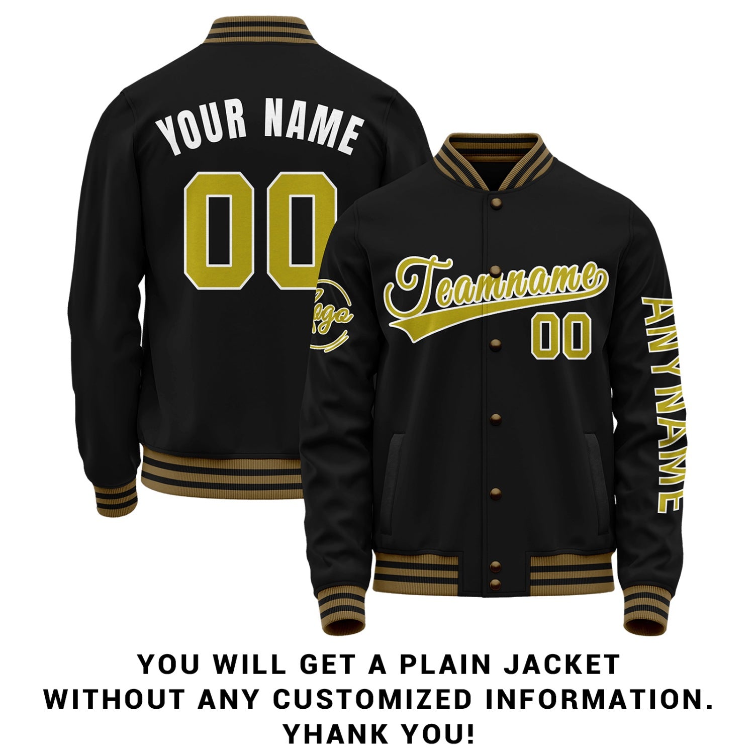 Custom Black & Gold Varsity Letterman Jacket | Personalized Stitched Team Name Number Outerwear