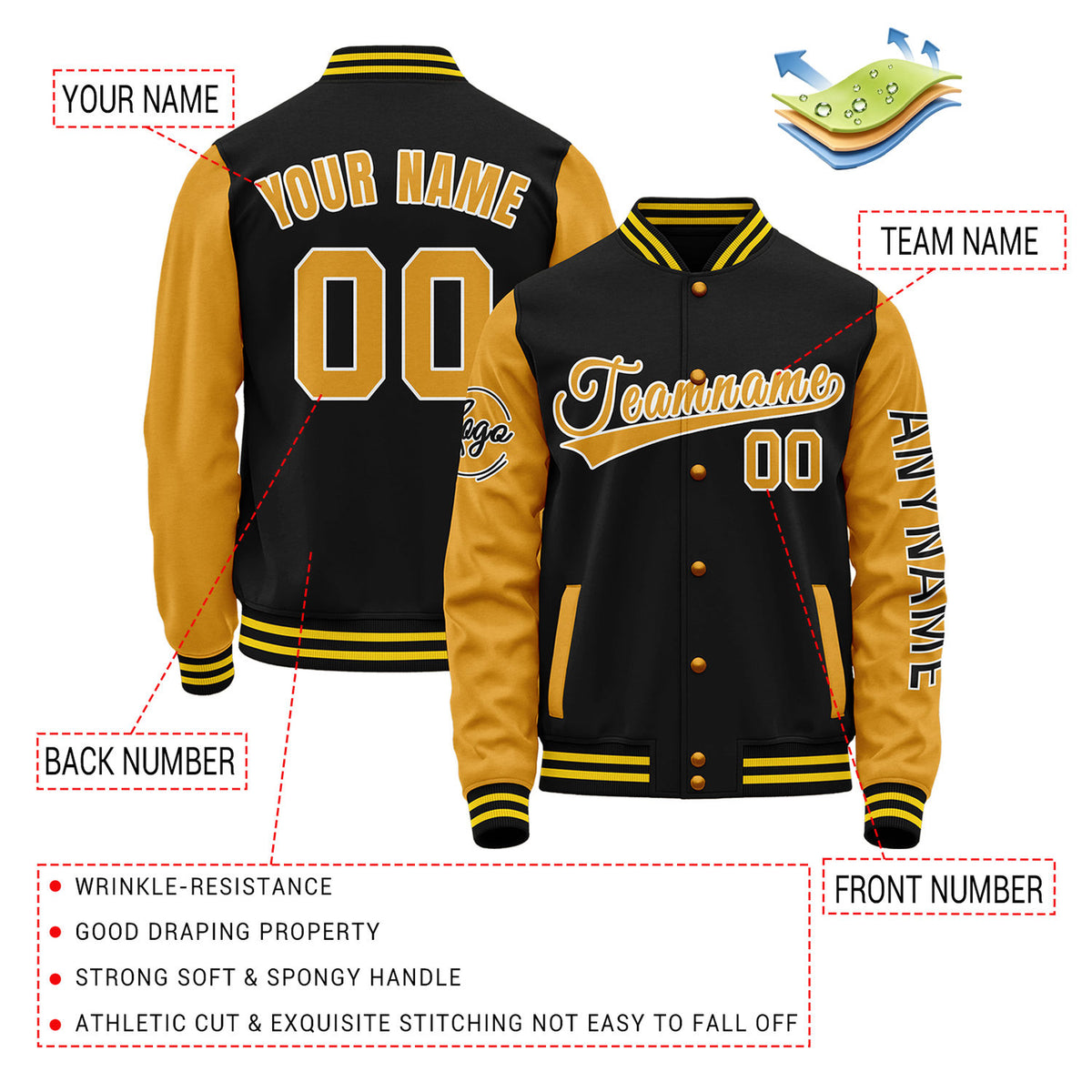 Custom Black & Gold Two Tone Varsity Letterman Jacket | Personalized Stitched Team Name Number Outerwear