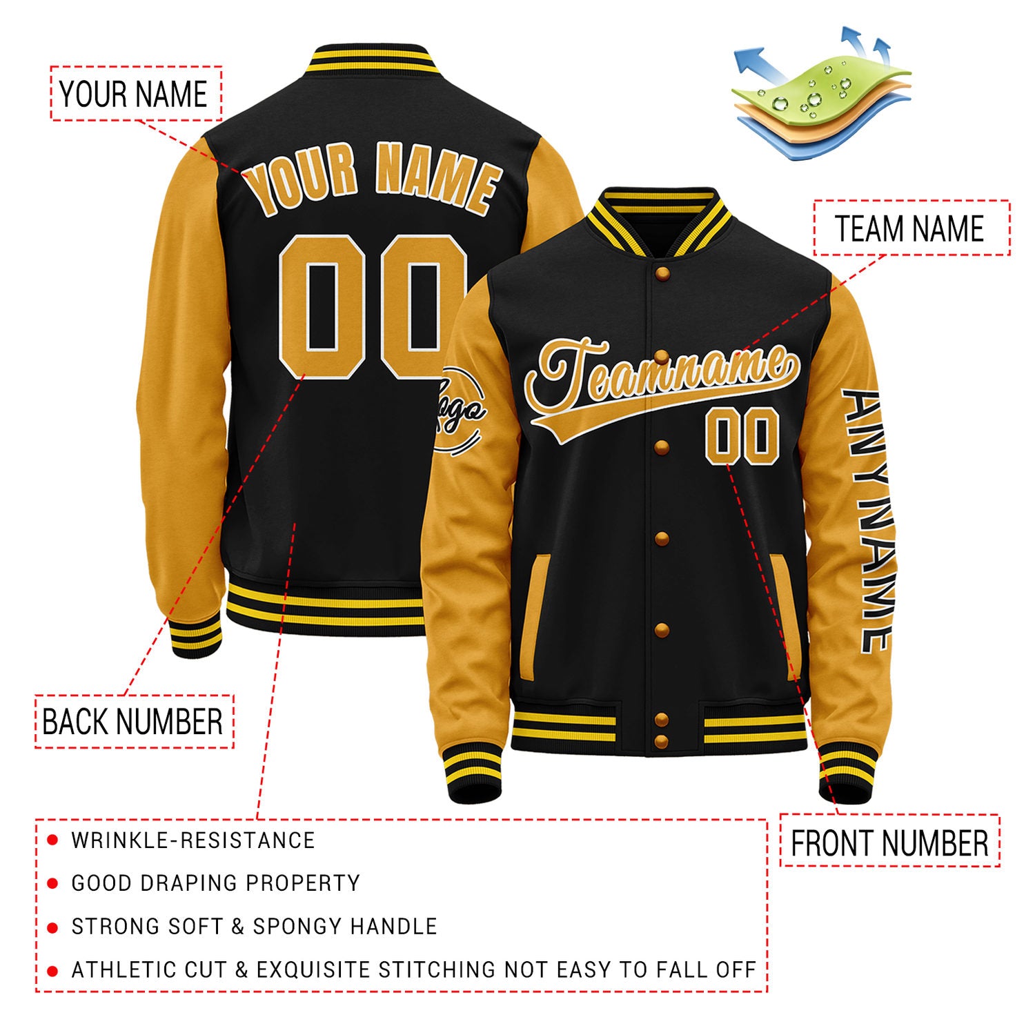 Custom Black & Gold Two Tone Varsity Letterman Jacket | Personalized Stitched Team Name Number Outerwear