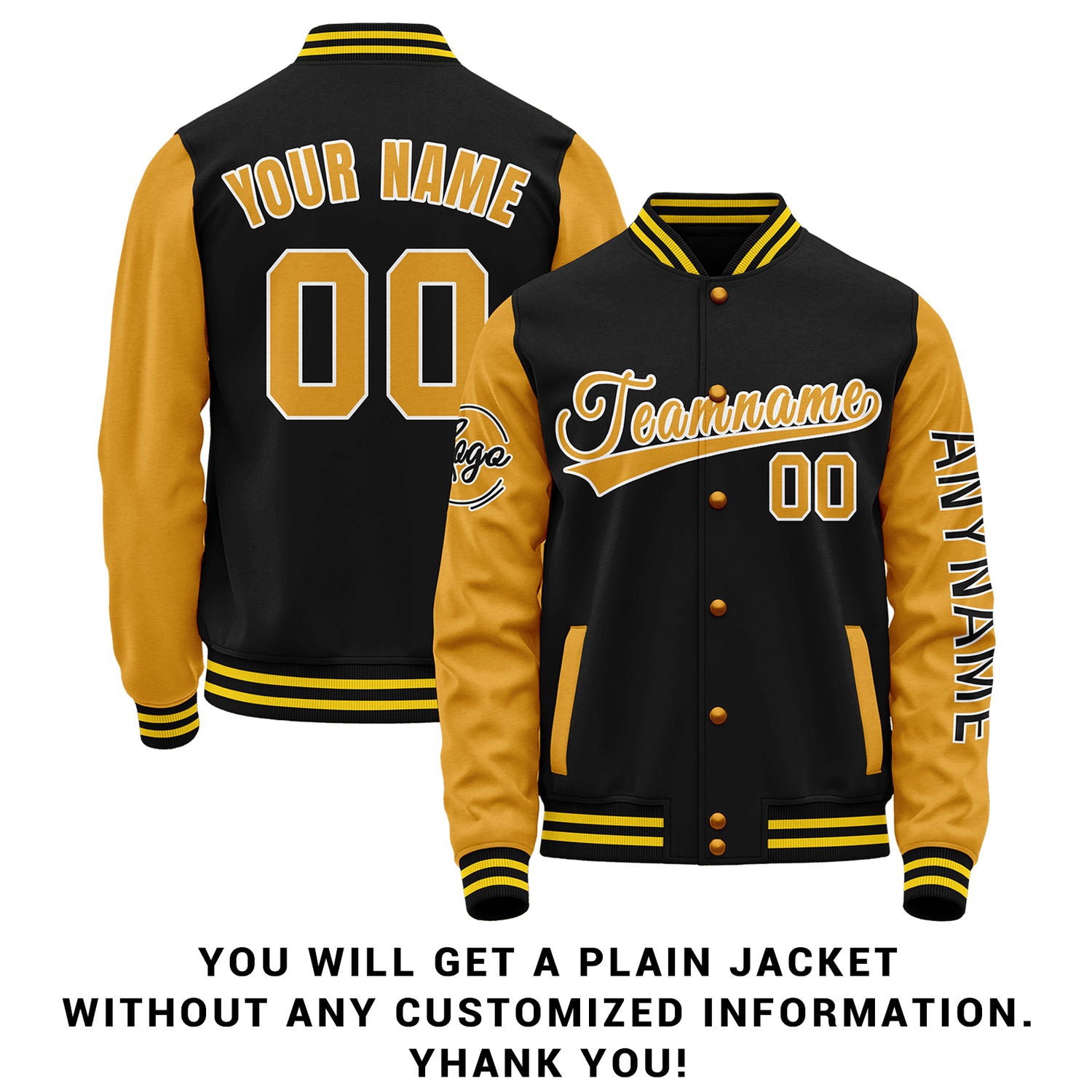 Custom Black & Gold Two Tone Varsity Letterman Jacket | Personalized Stitched Team Name Number Outerwear