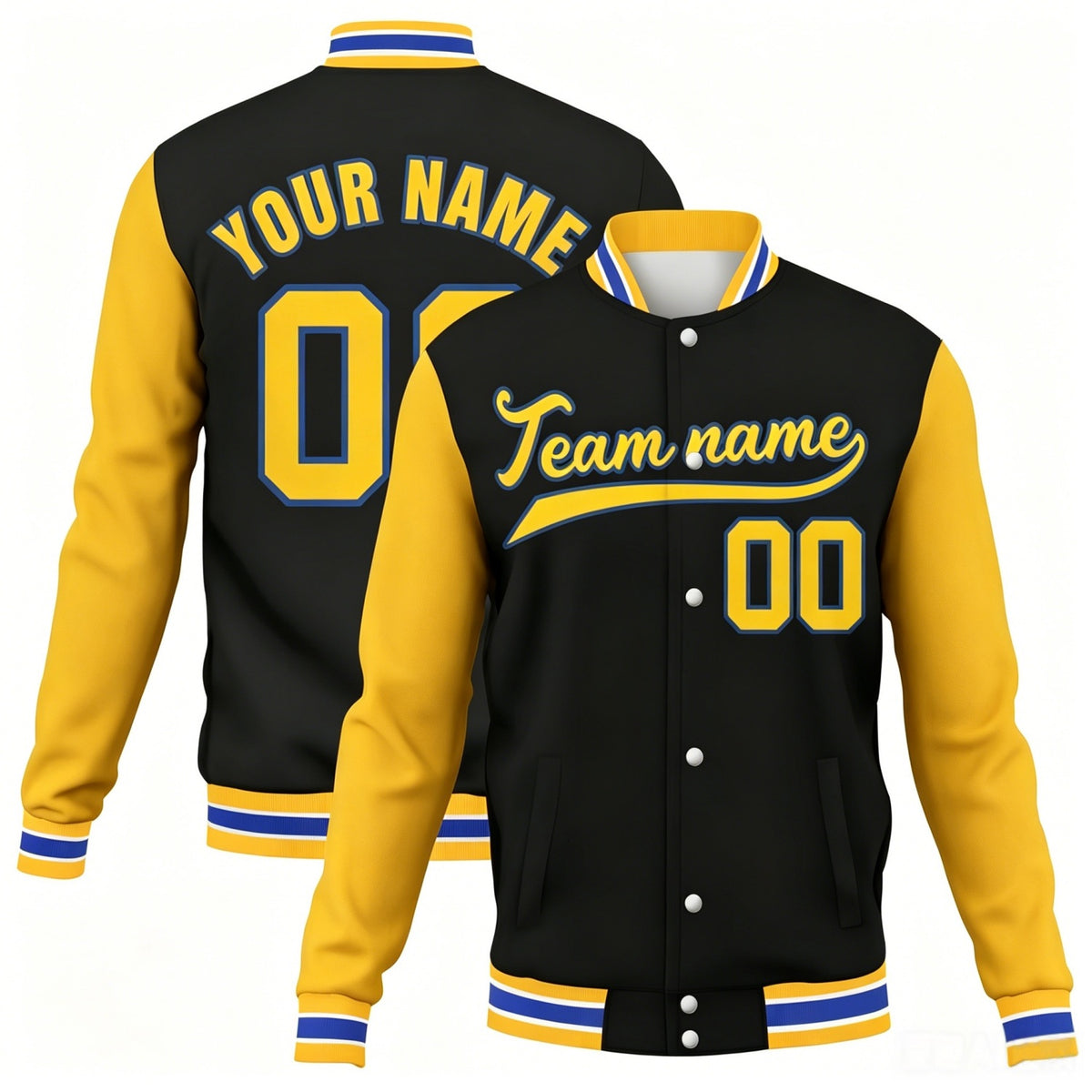 Custom Black &amp; Gold Contrast Sleeve Varsity Baseball Jacket | Personalized Team Name &amp; Number
