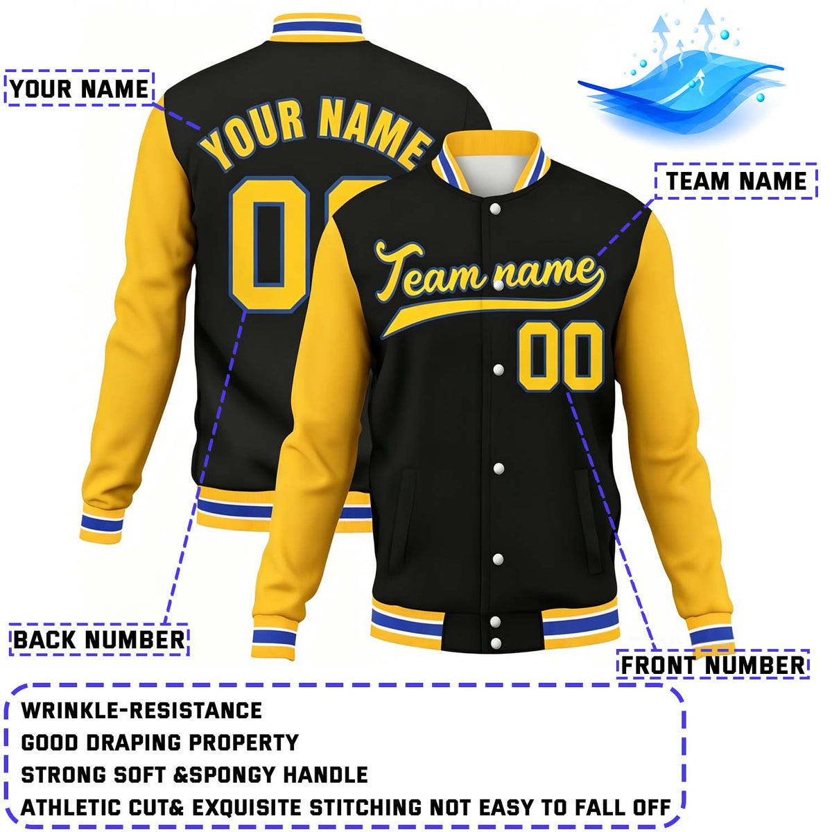 Custom Black & Gold Contrast Sleeve Varsity Baseball Jacket | Personalized Team Name & Number