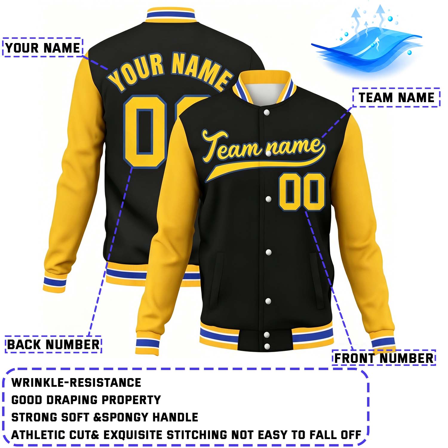 Custom Black & Gold Contrast Sleeve Varsity Baseball Jacket | Personalized Team Name & Number
