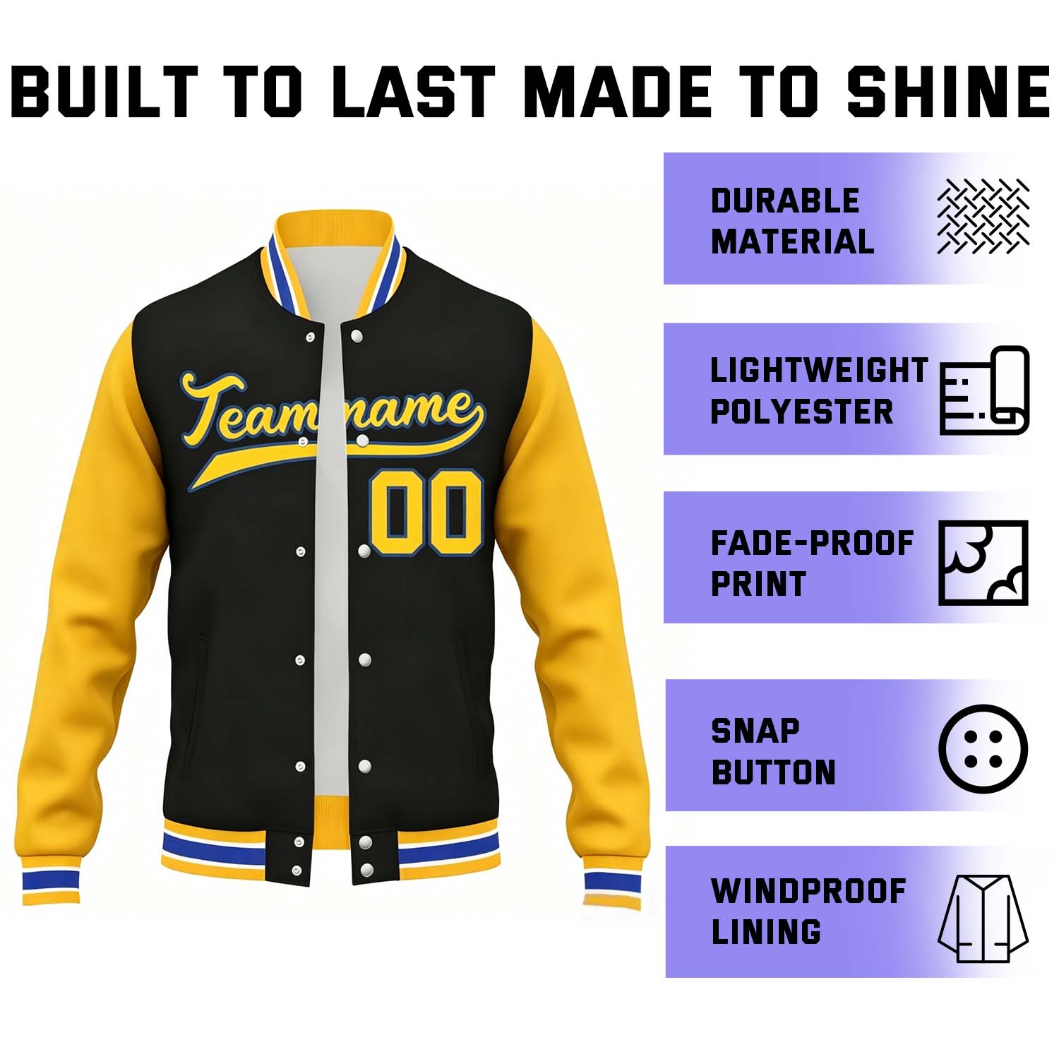 Custom Black & Gold Contrast Sleeve Varsity Baseball Jacket | Personalized Team Name & Number