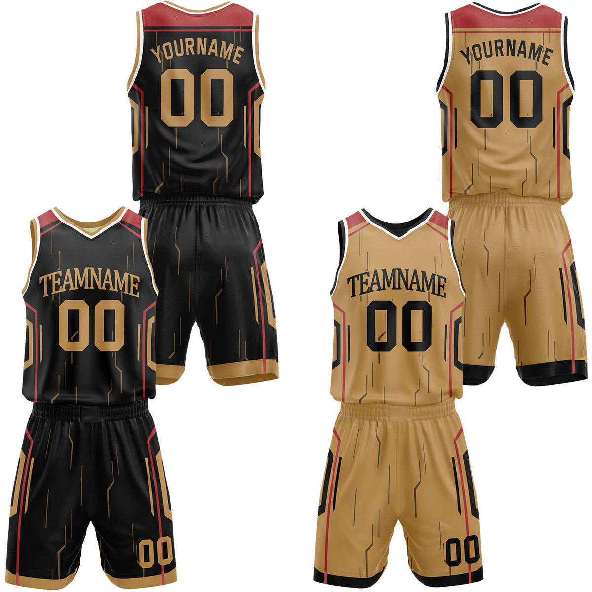 Custom black &amp; gold reversible basketball jersey shorts set by Vosoli | Personalized block team name number tech geometric uniform sportswear