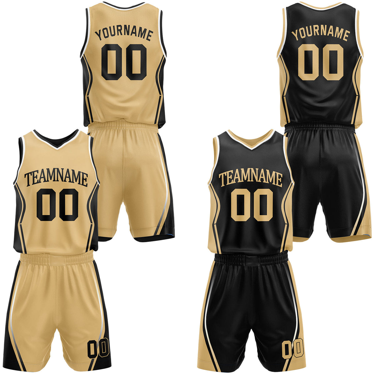 Custom black &amp; gold reversible basketball jersey shorts set by Vosoli | Personalized block team name number geometric uniform sportswear
