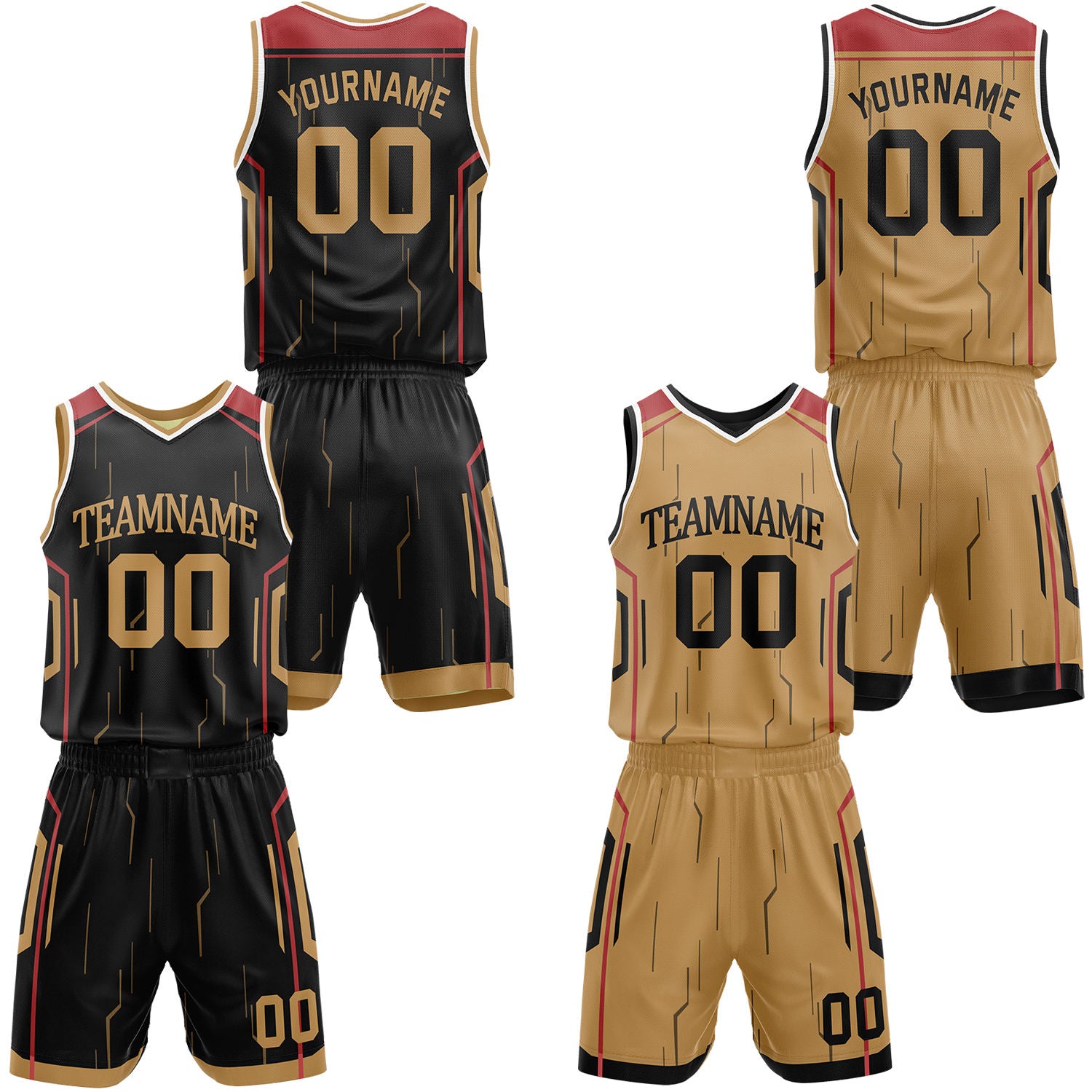 Custom black & gold reversible basketball jersey shorts set by Vosoli | Personalized block team name number tech geometric uniform sportswear