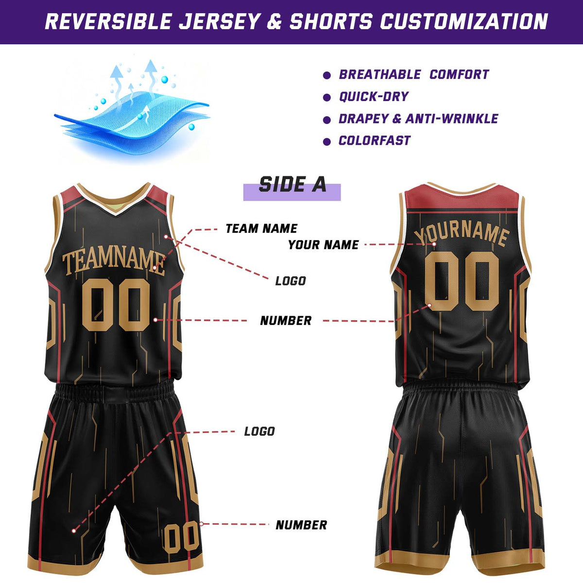 Custom Black & Gold Reversible Geometric Basketball Jersey Shorts Set | Personalized Team Uniform