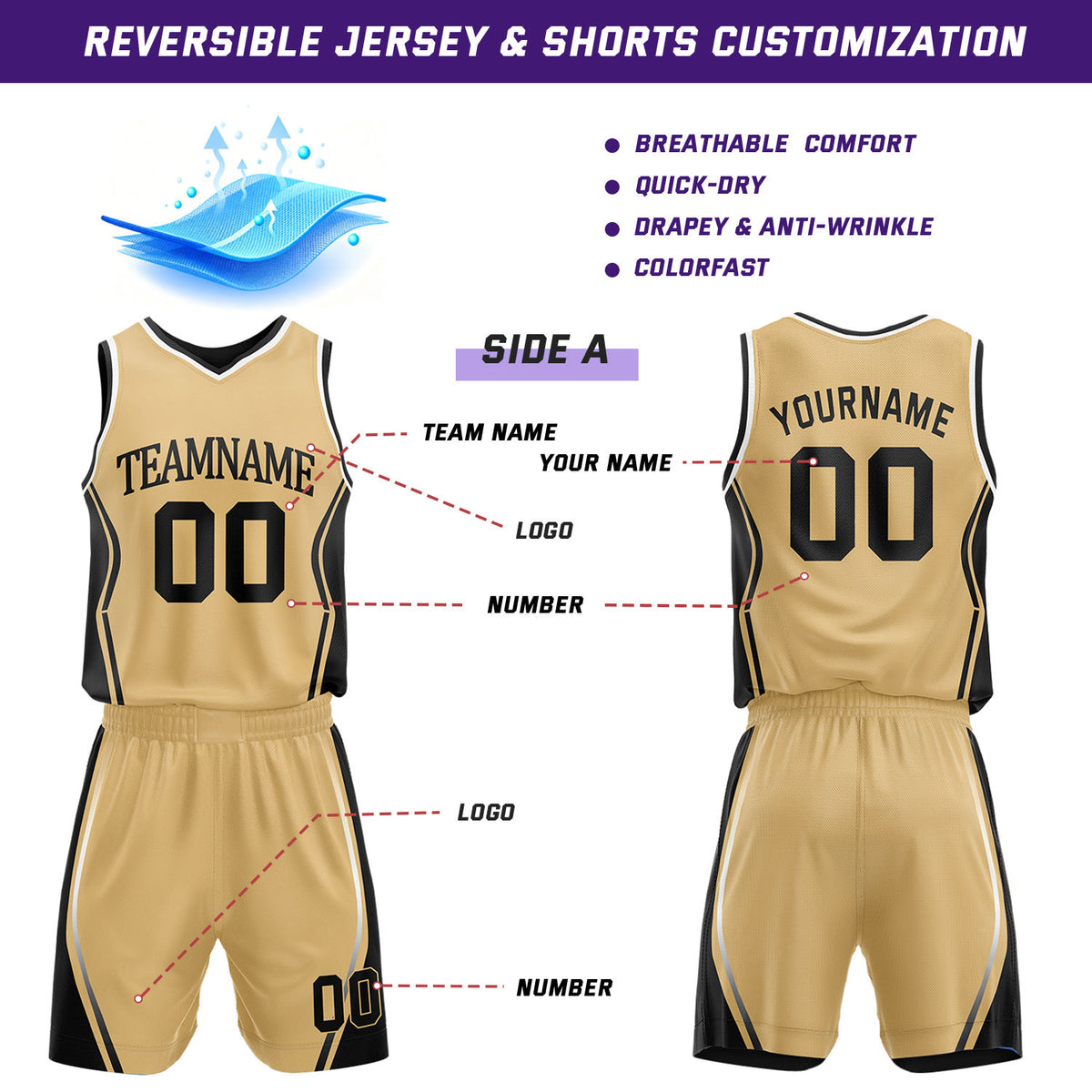Custom Black & Gold Reversible Geometric Basketball Jersey Shorts Set | Personalized Team Uniform