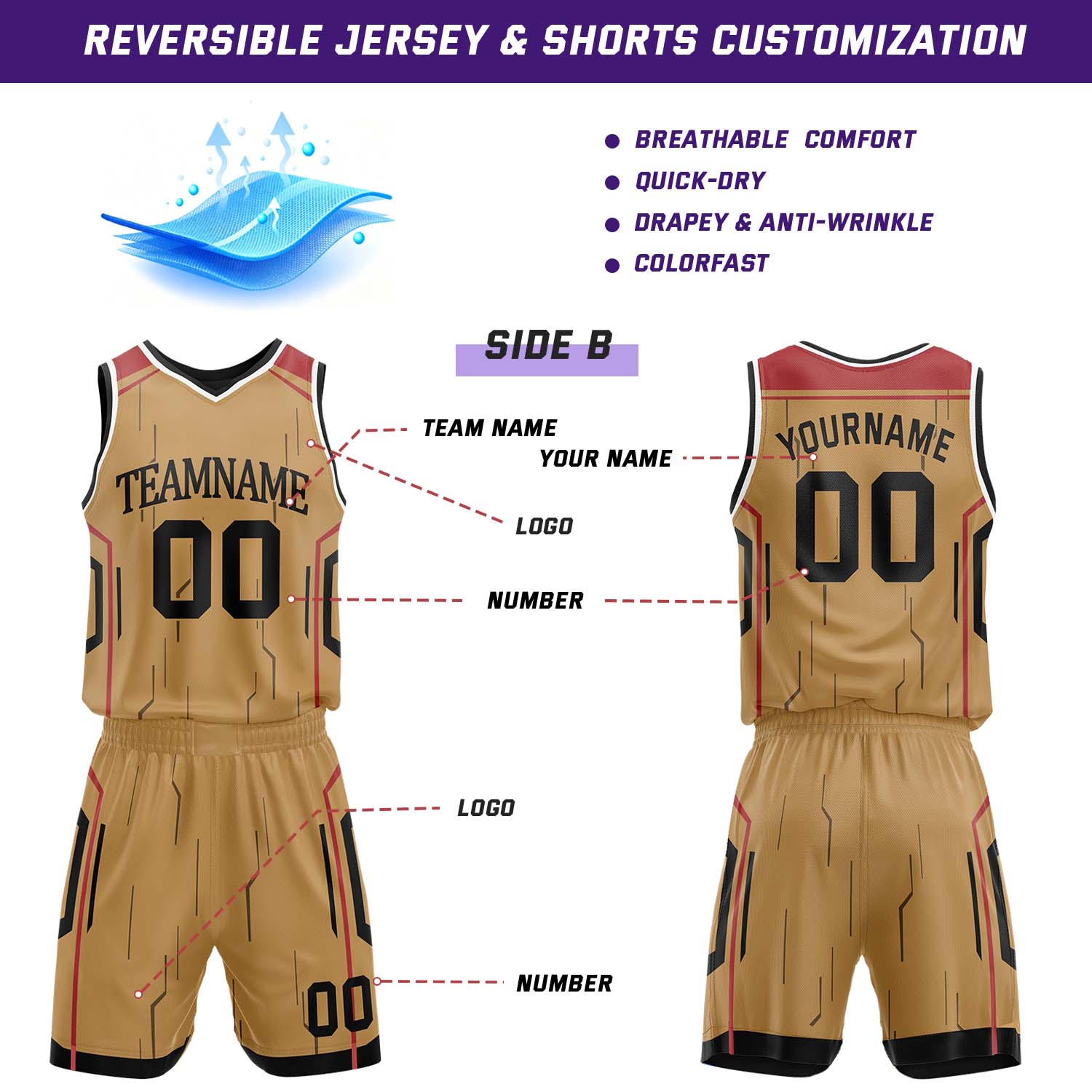 Custom Black & Gold Reversible Geometric Basketball Jersey Shorts Set | Personalized Team Uniform