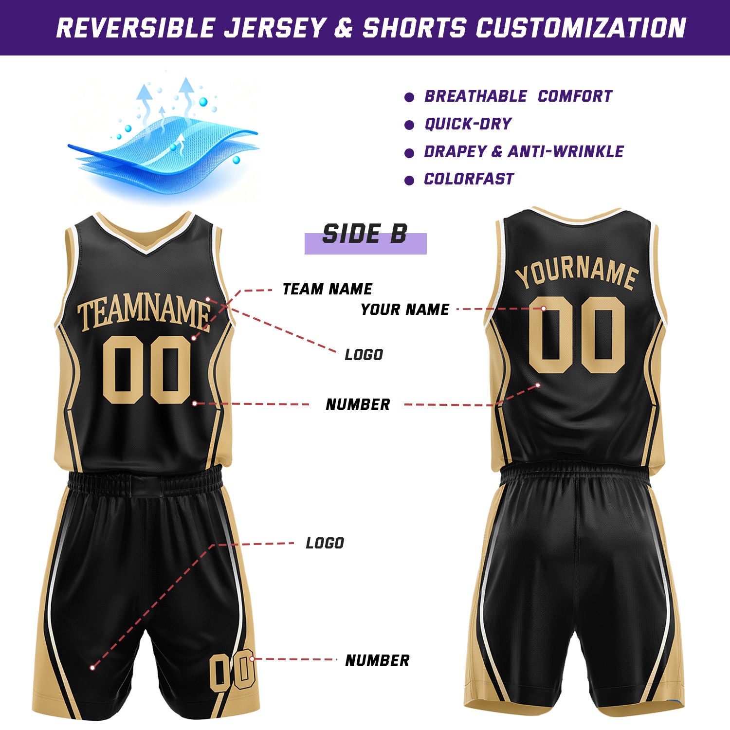 Custom Black & Gold Reversible Geometric Basketball Jersey Shorts Set | Personalized Team Uniform