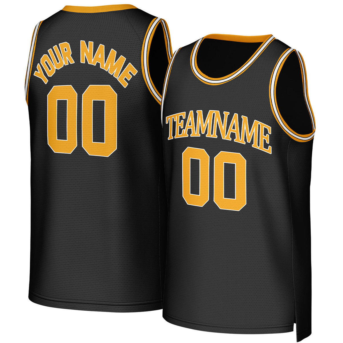 Custom black & gold basketball jersey by Vosoli. Personalized with team name, player name, number, and logo. Breathable mesh jersey for high school, college, AAU teams.
