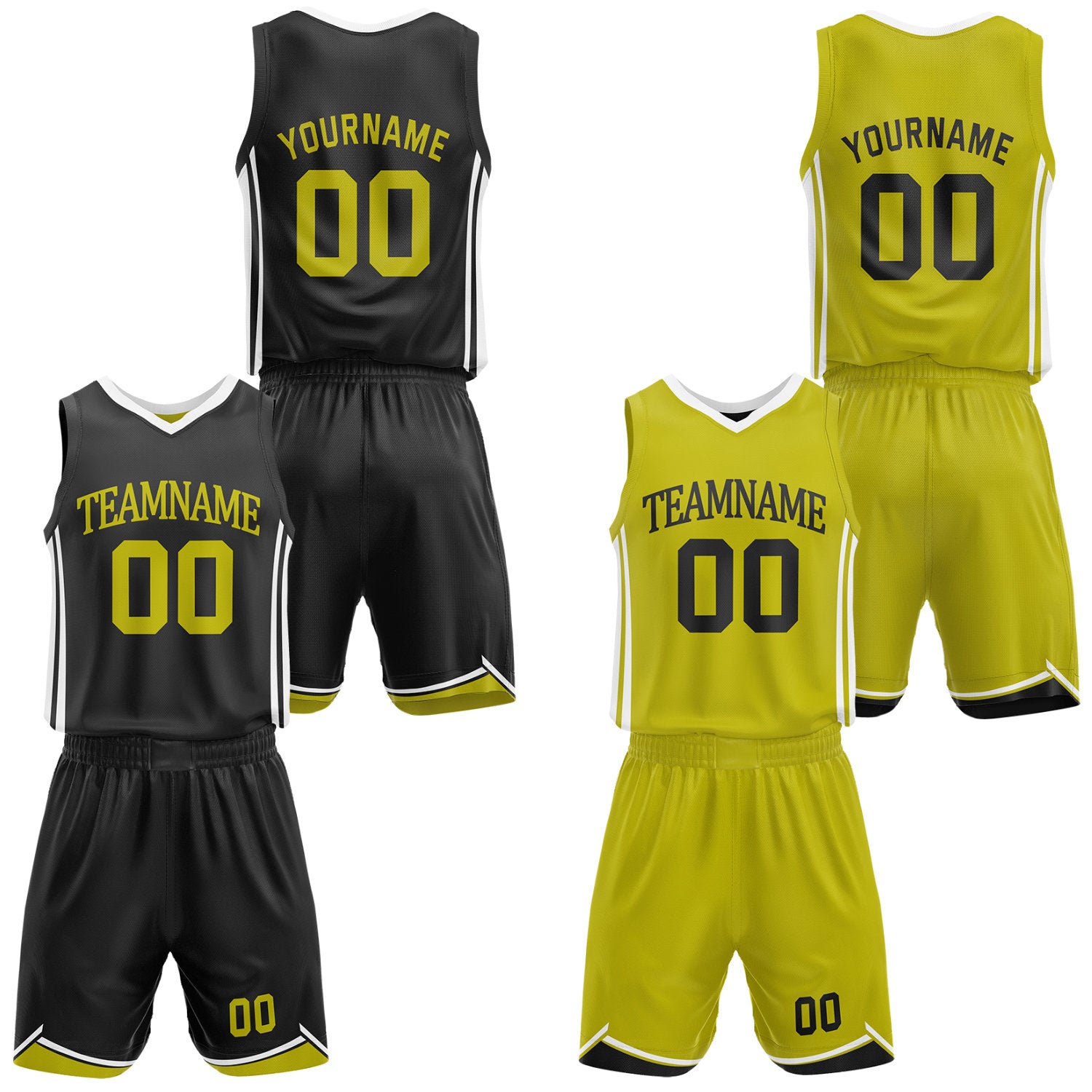 Custom black & gold reversible basketball jersey shorts set by Vosoli | Personalized team name number casual vintage uniform sportswear