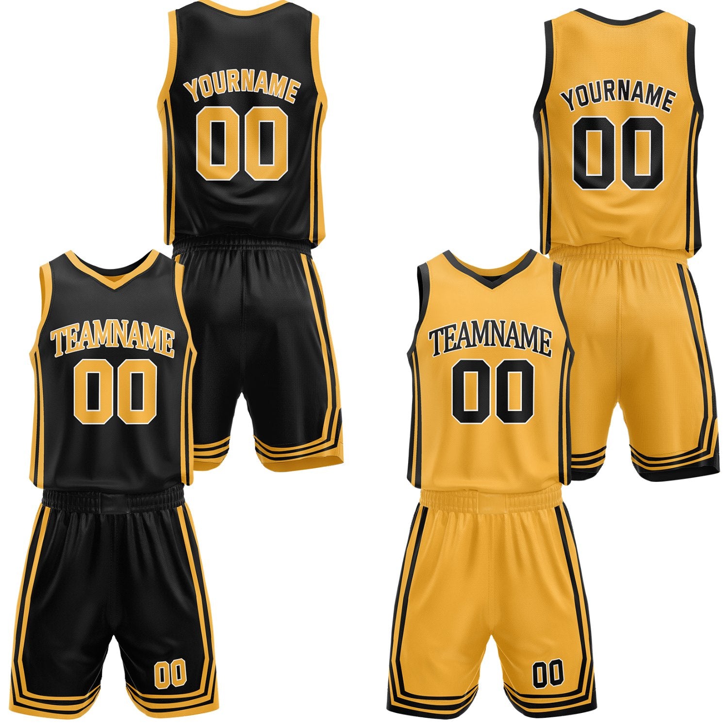 Custom black & gold reversible basketball jersey shorts set by Vosoli | Personalized team name number casual vintage uniform sportswear