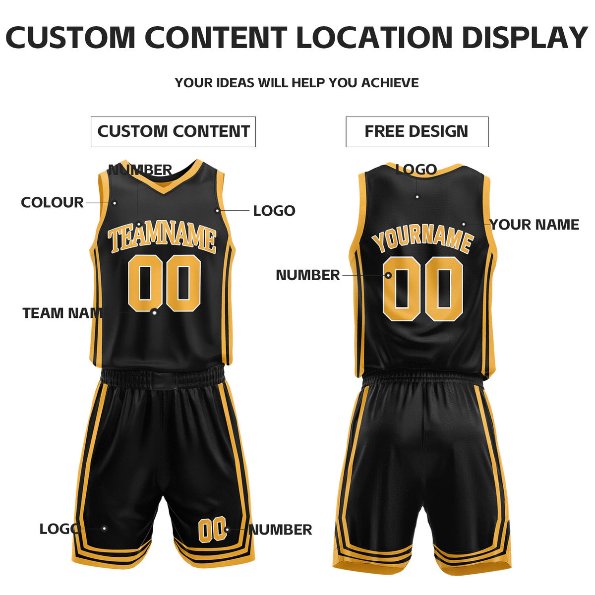 Custom Black & Gold Reversible Basketball Jersey Shorts Set | Personalized Full Vintage Team Uniform