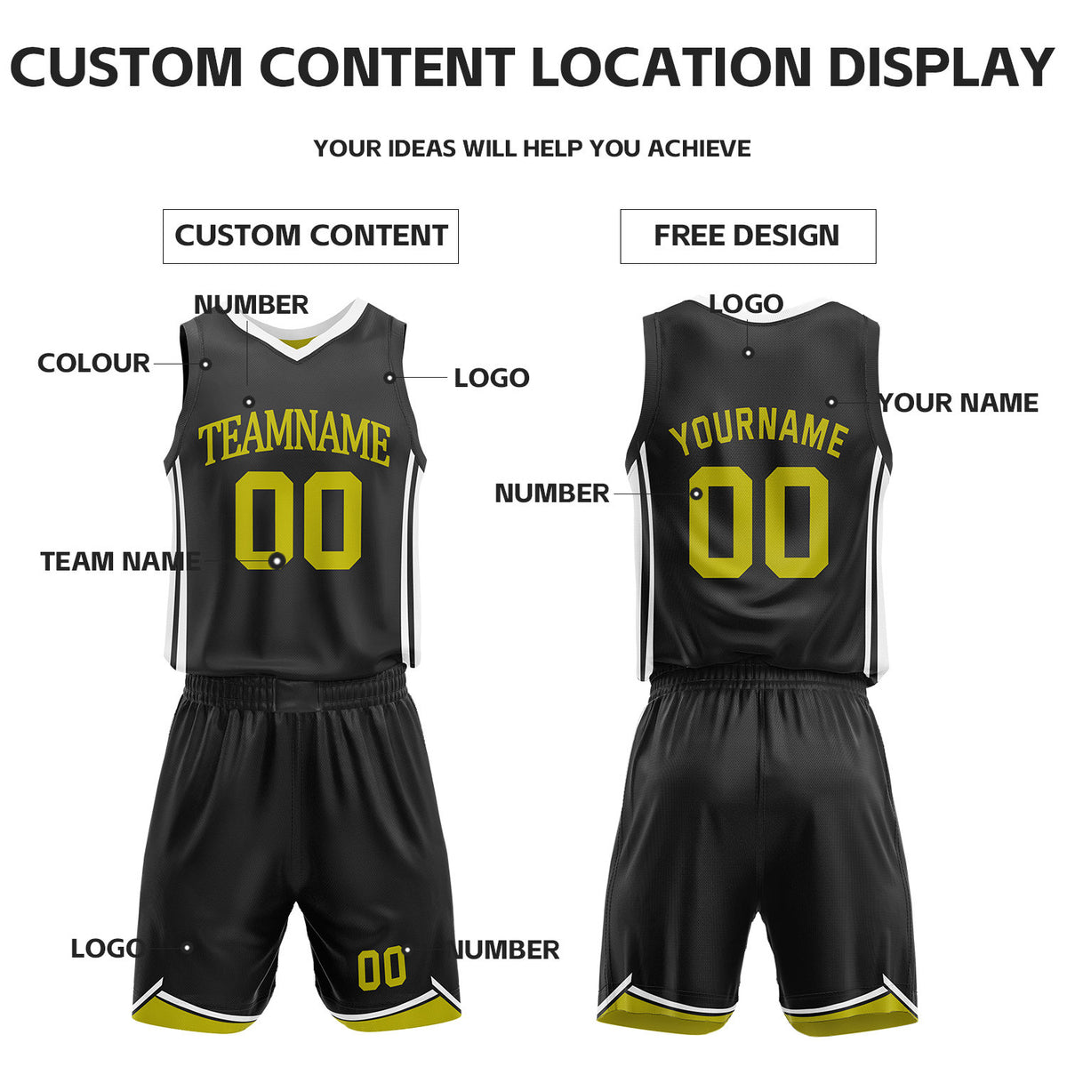 Custom Black & Gold Reversible Basketball Jersey Shorts Set | Personalized Full Vintage Team Uniform