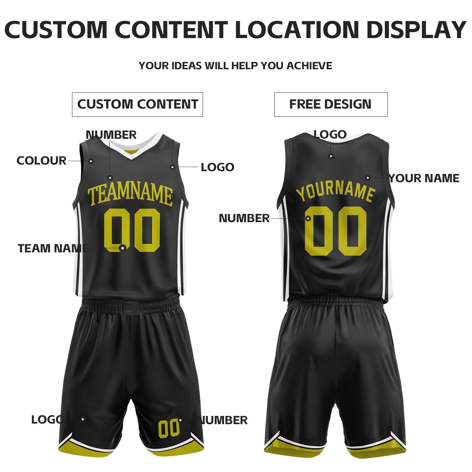 Custom Black & Gold Reversible Basketball Jersey Shorts Set | Personalized Full Vintage Team Uniform