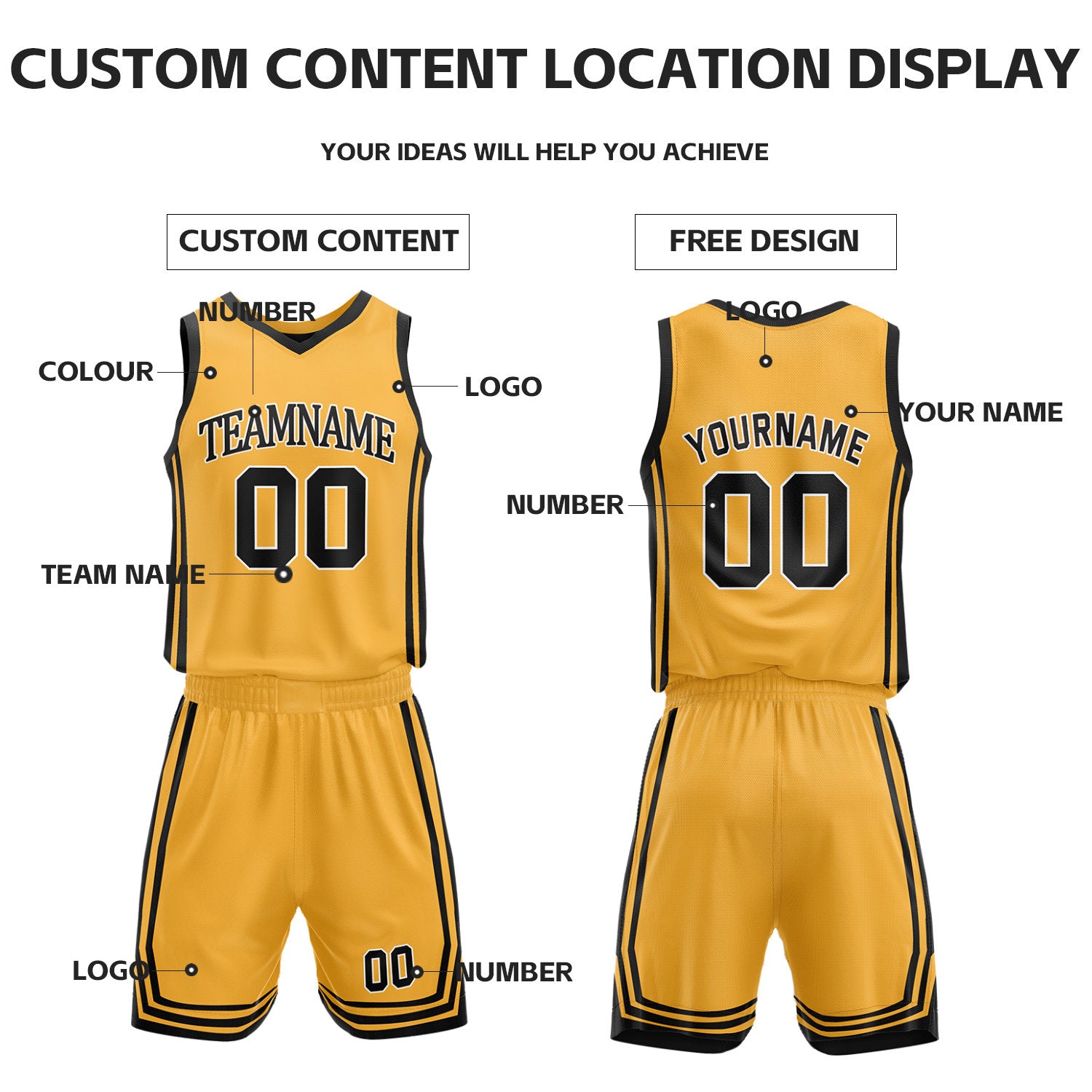 Custom Black & Gold Reversible Basketball Jersey Shorts Set | Personalized Full Vintage Team Uniform