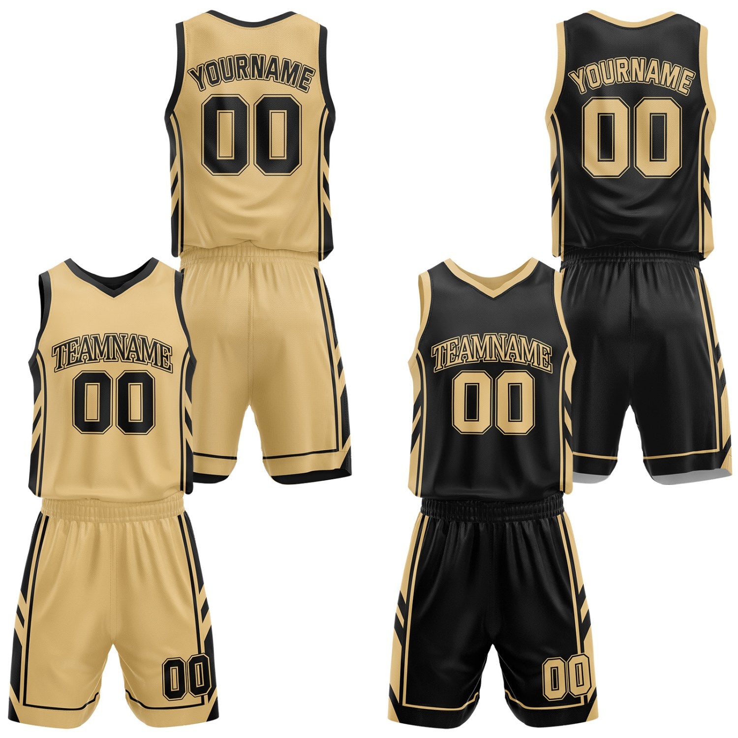 Custom black & gold reversible basketball uniform set by Vosoli | Personalized team name, number & logo | Breathable mesh jersey and shorts sport set