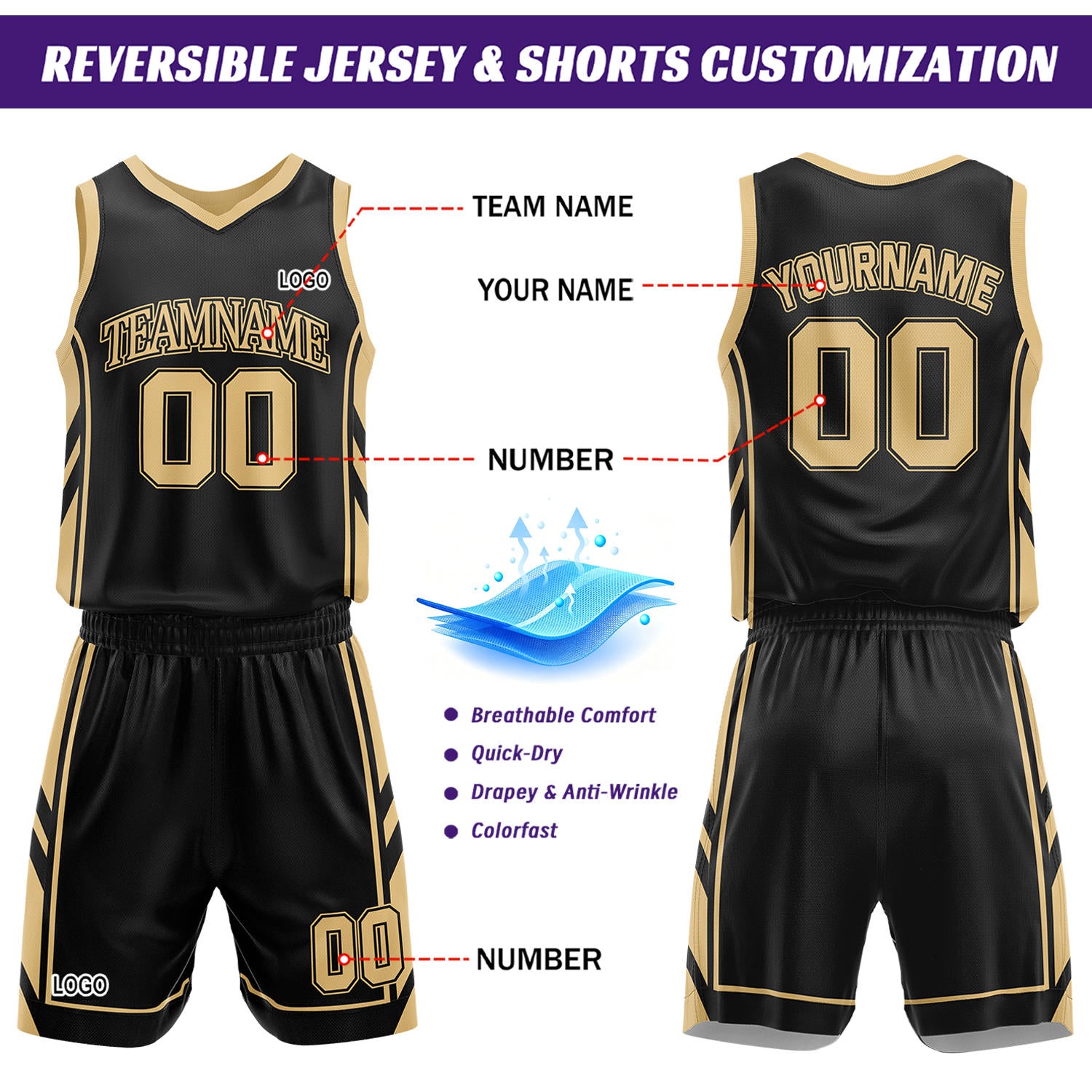 Custom Black & Gold Reversible Basketball Uniform Set | Personalized Name Number Mesh Jersey Shorts Kit