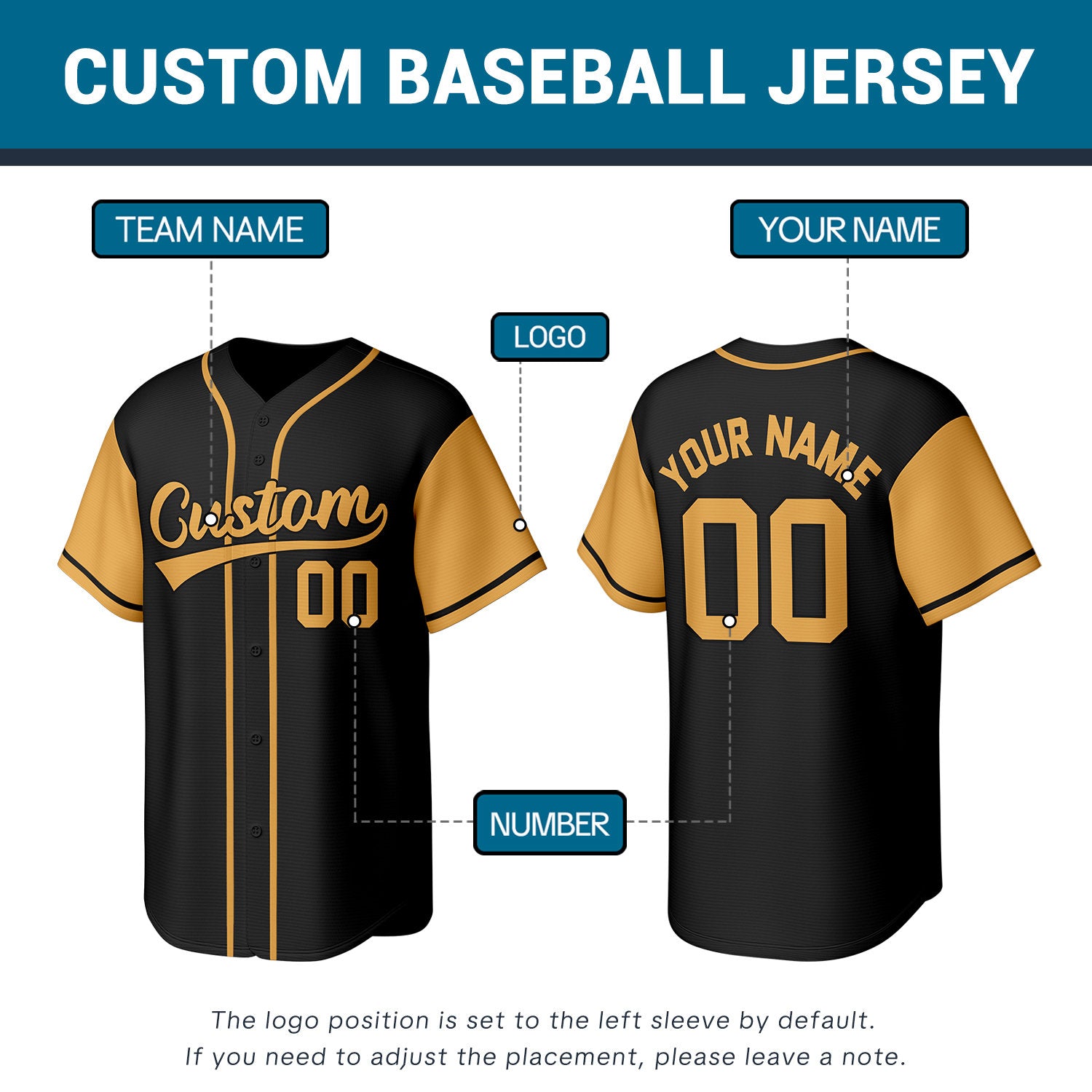 Custom Black & Gold Stitched Baseball Jersey | Personalized Name & Number | Team Uniform