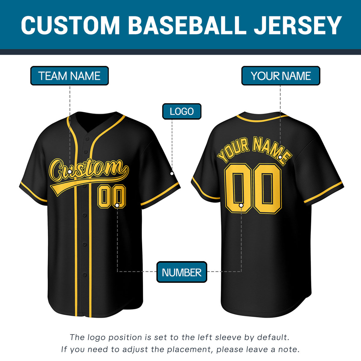 Custom Black & Gold Stitched Baseball Jersey | Personalized Name & Number | Team Uniform