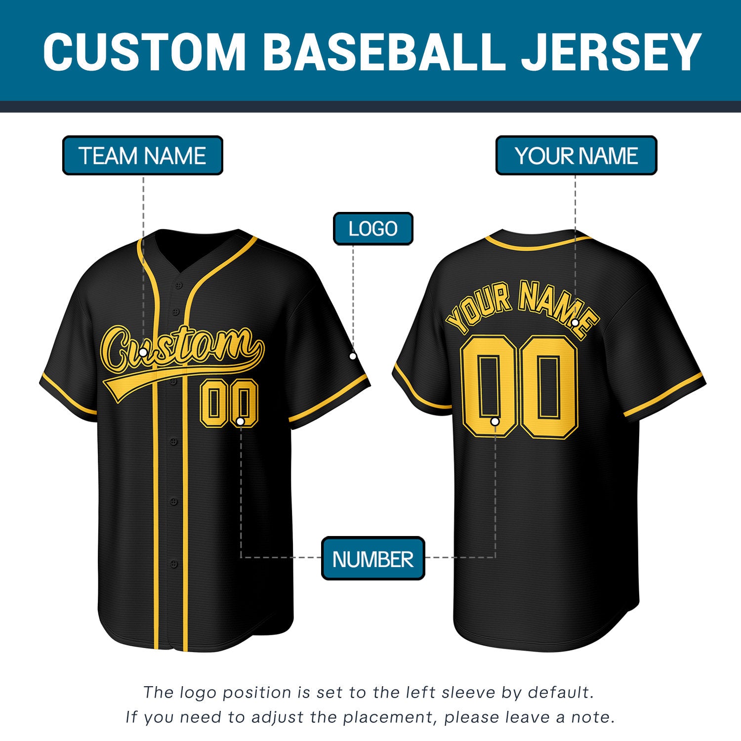 Custom Black & Gold Stitched Baseball Jersey | Personalized Name & Number | Team Uniform