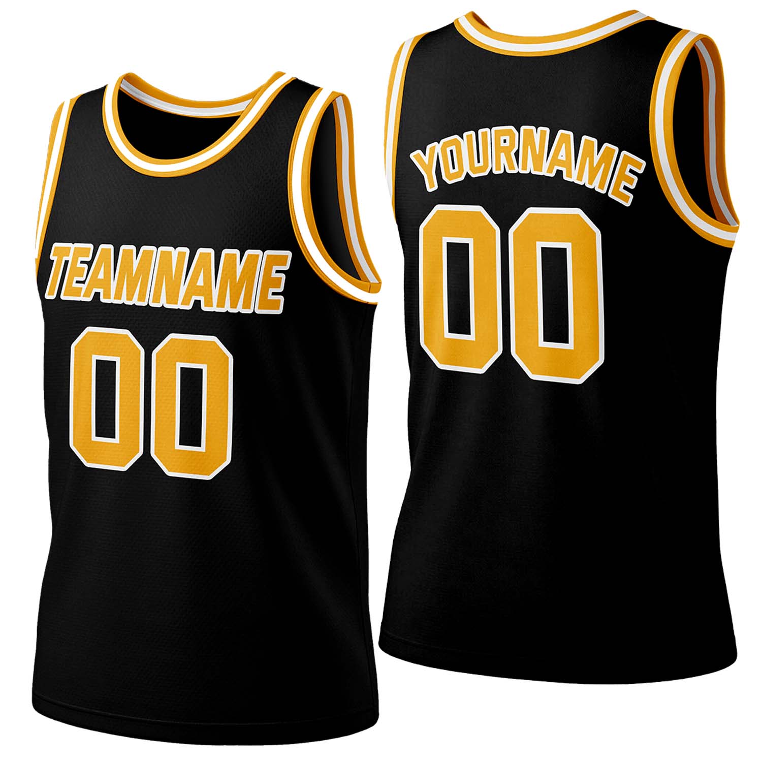Custom black-gold-white mesh basketball jersey by Vosoli | Personalized name & number team uniform for youth & adults