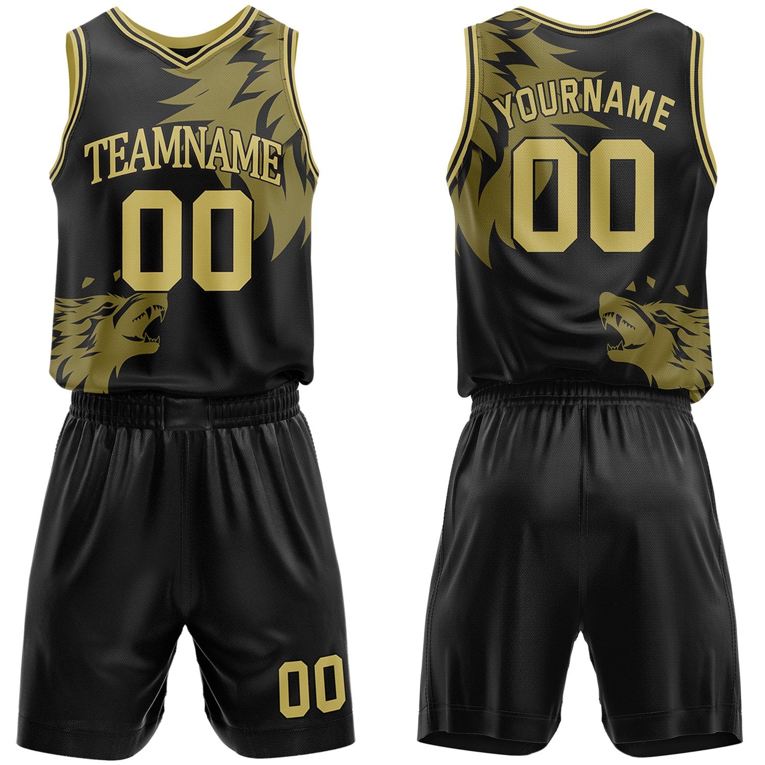 Custom black & gold wolf theme basketball jersey & shorts set by Vosoli | Personalized team name & number sportswear
