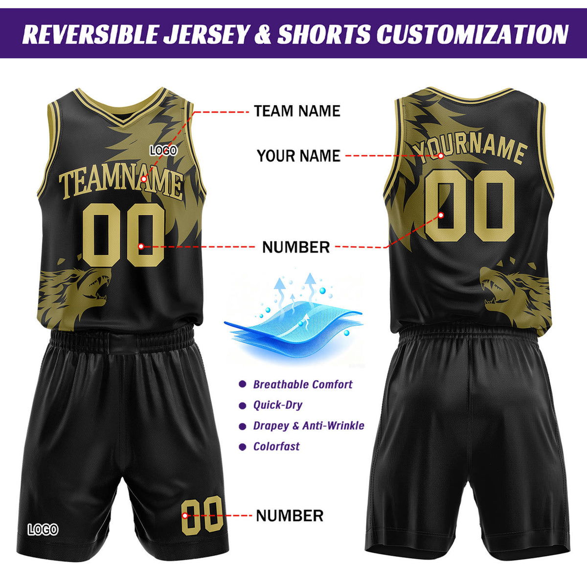 Custom Black & Gold Wolf Theme Basketball Jersey & Shorts Set | Personalized Team Uniform