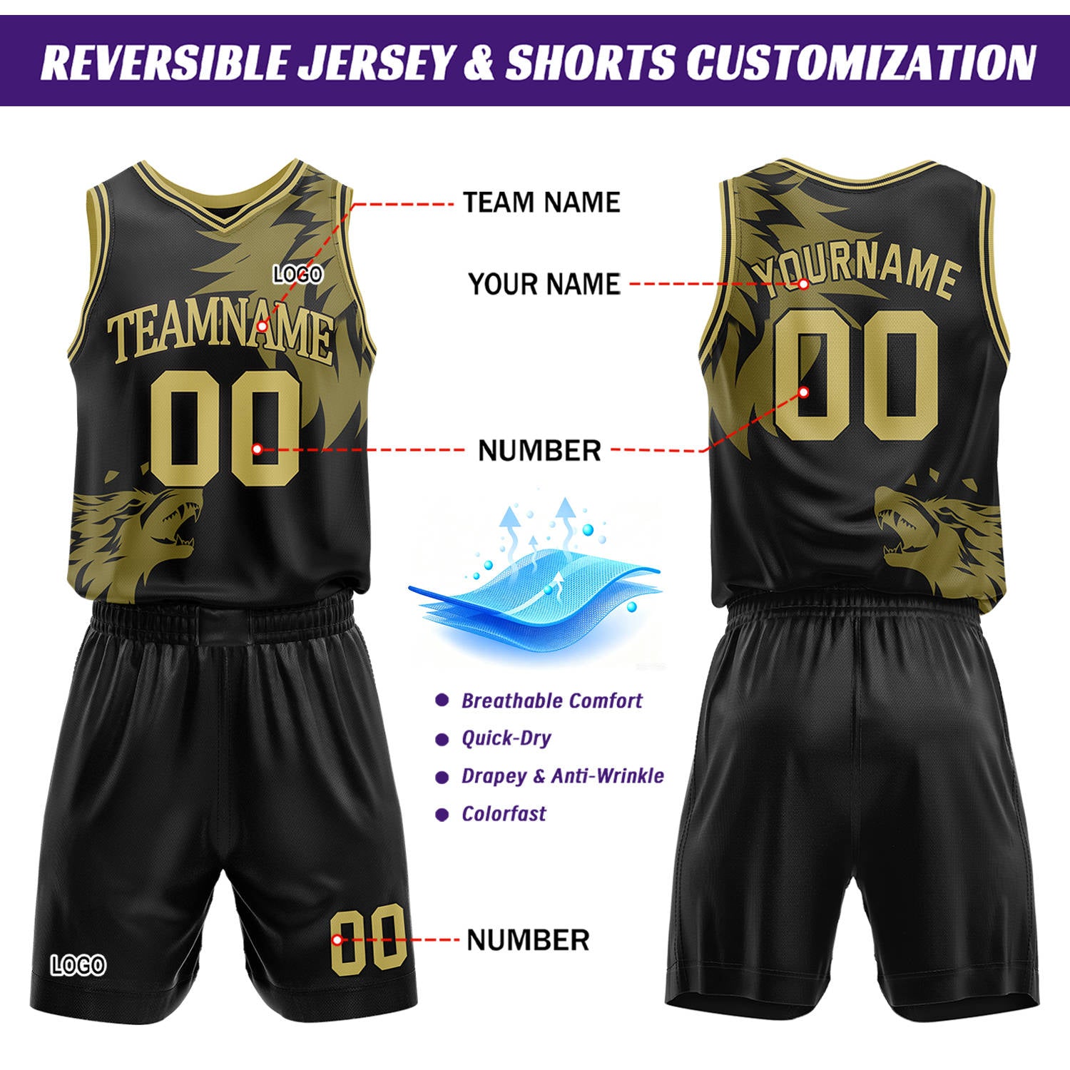 Custom black & gold wolf theme basketball jersey & shorts set by Vosoli | Personalized team name & number sportswear