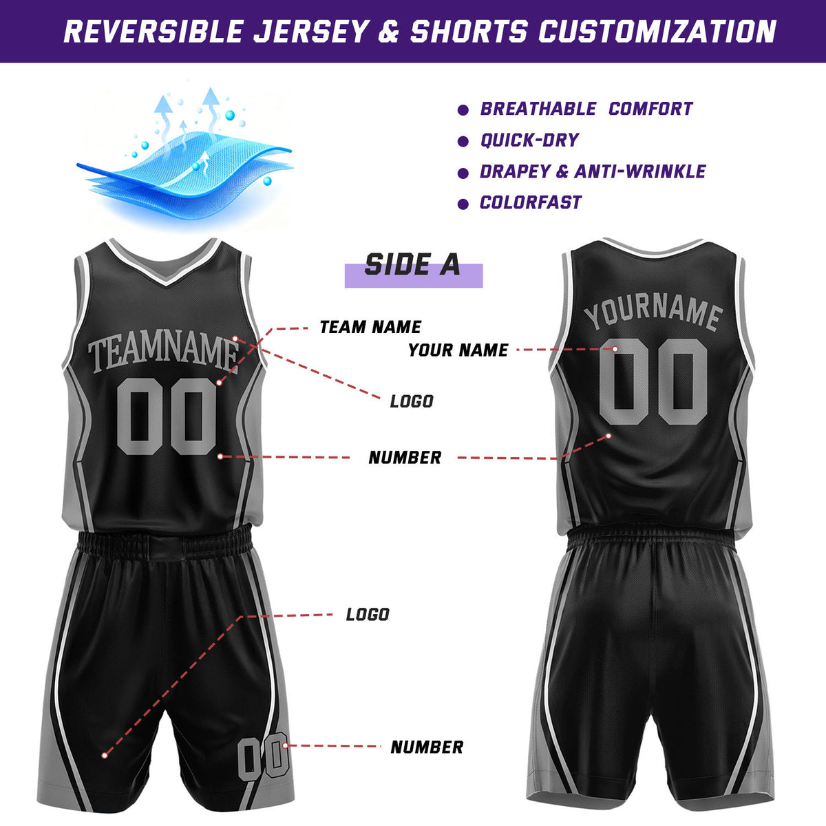 Custom Black & Gray Reversible Geometric Basketball Jersey Shorts Set | Personalized Team Uniform