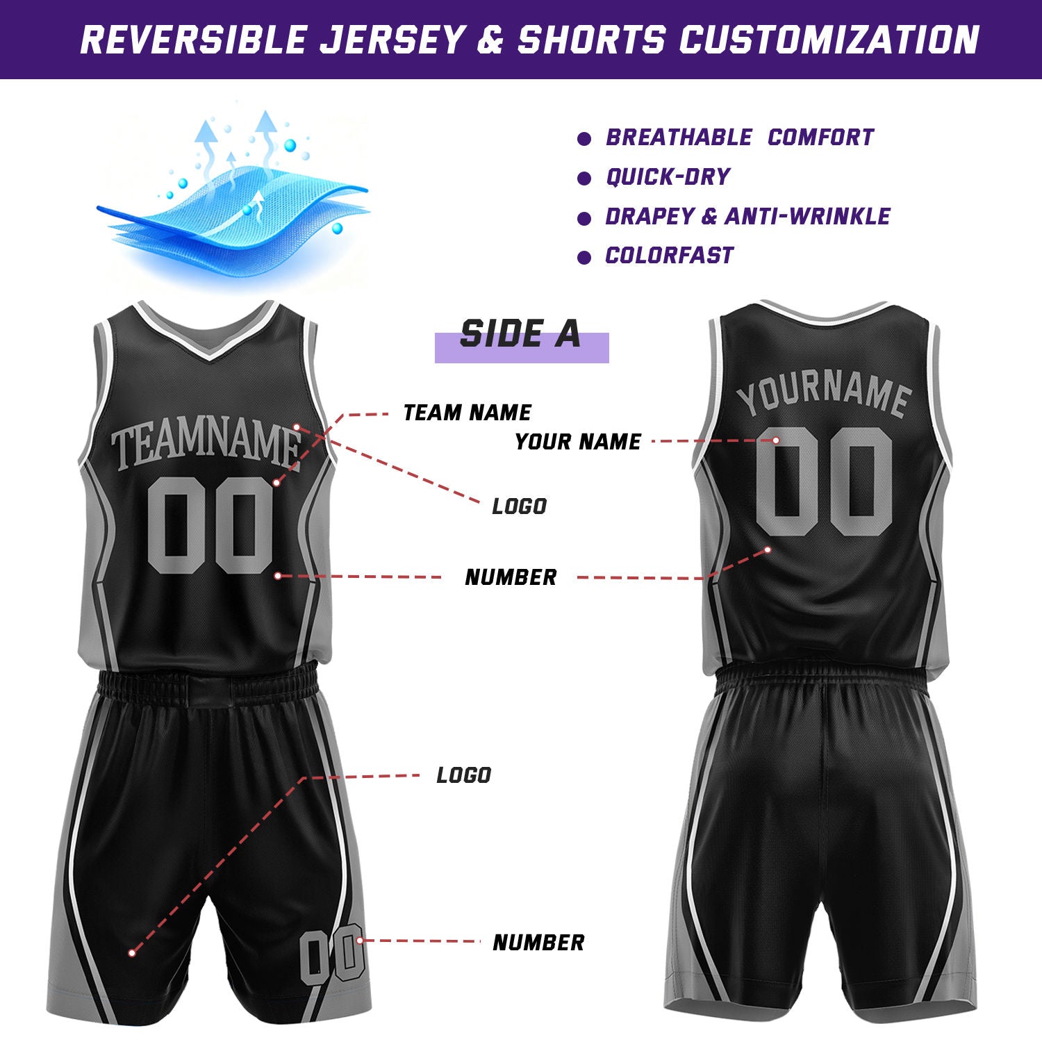 Custom Black & Gray Reversible Geometric Basketball Jersey Shorts Set | Personalized Team Uniform