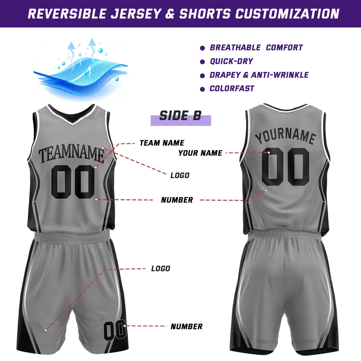 Custom Black & Gray Reversible Geometric Basketball Jersey Shorts Set | Personalized Team Uniform