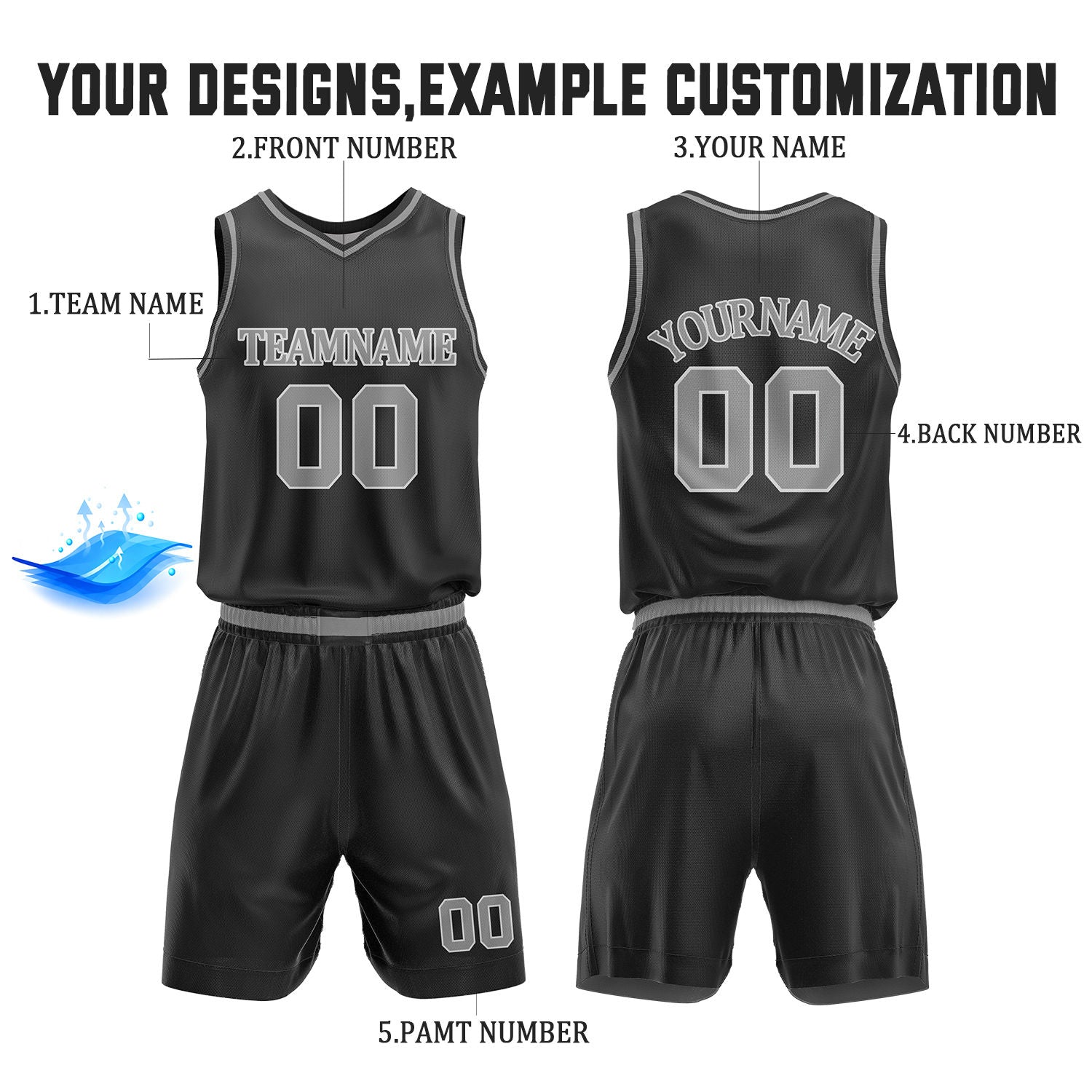 Custom Black & Gray Reversible Basketball Jersey Shorts Set | Personalized Full Team Uniform