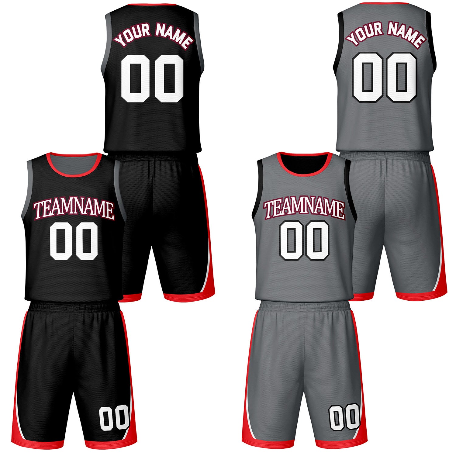 Custom black & gray reversible basketball jersey shorts set by Vosoli | Personalized team name number vintage uniform sportswear