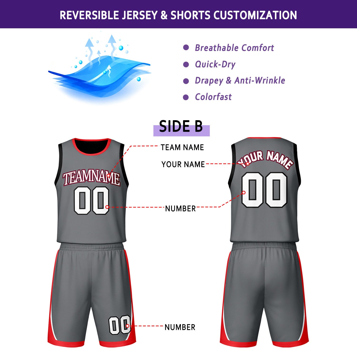 Custom Black & Gray Reversible Basketball Jersey Shorts Set | Personalized Team Uniform