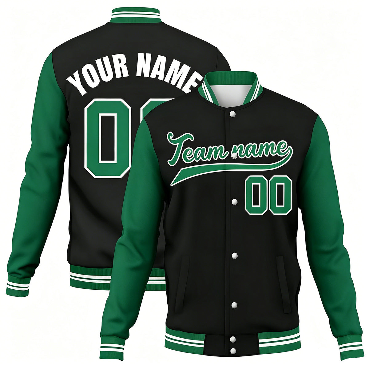 Custom black-green contrast sleeve stitched varsity baseball jacket by Vosoli | Personalized team name &amp; number jacket for youth &amp; adults