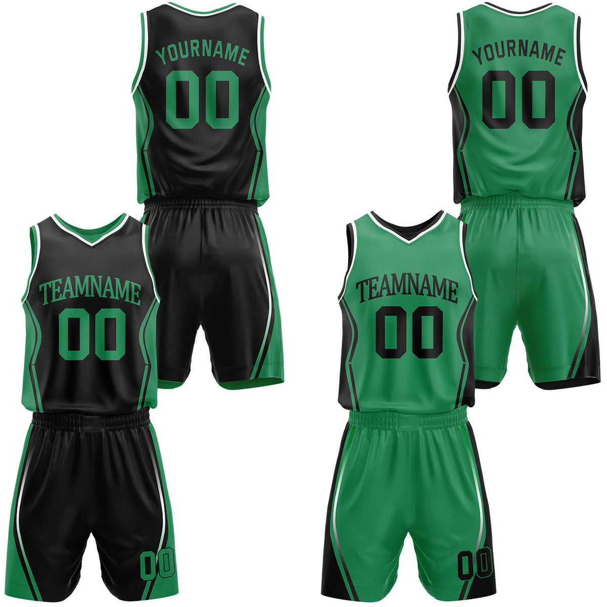 Custom black &amp; green reversible basketball jersey shorts set by Vosoli | Personalized block team name number geometric uniform sportswear